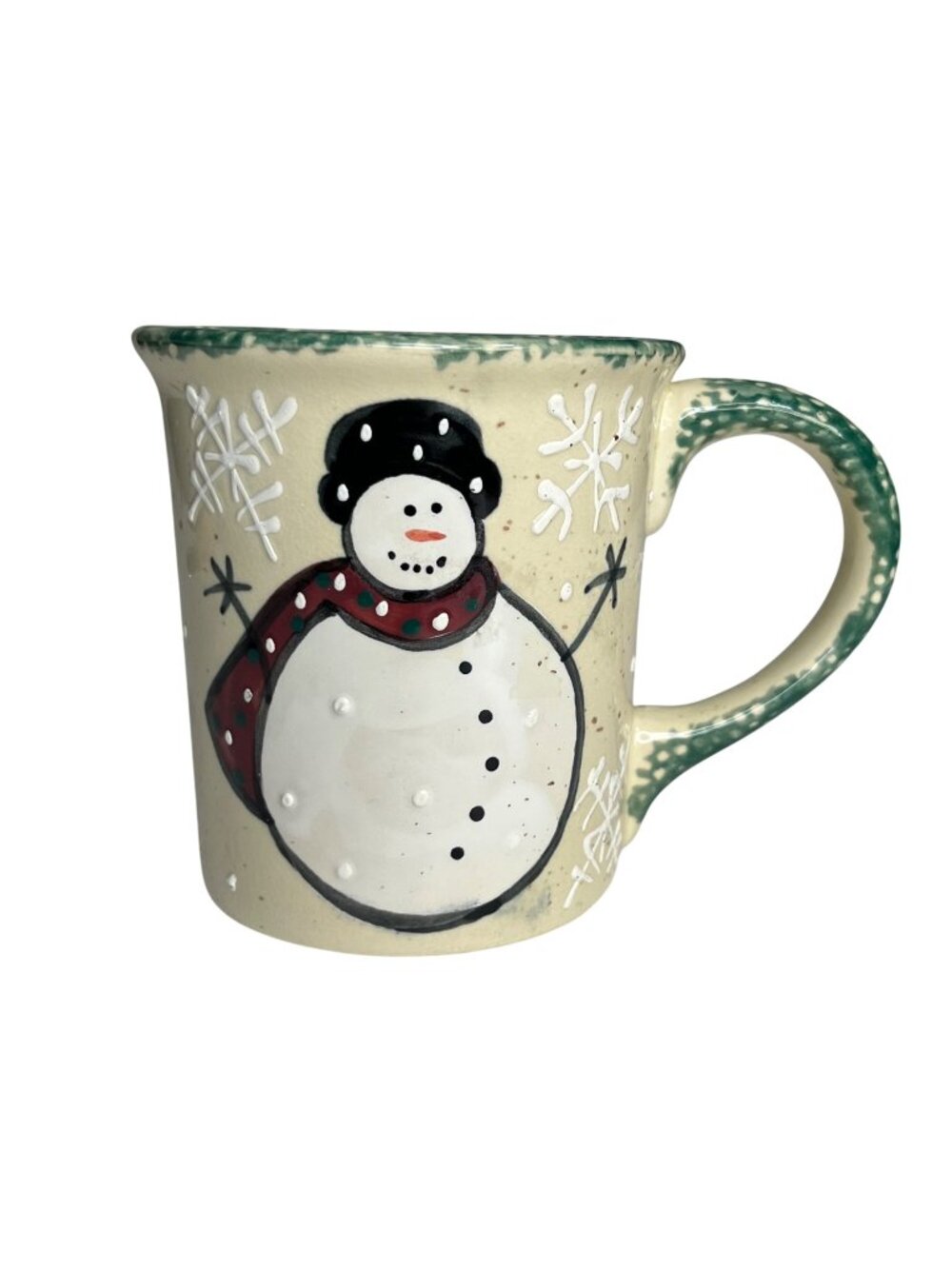 Montgomery Ward Snowman Ceramic Mug Festive Green Handle Winter‎ Design